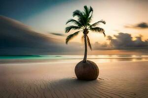 un' Noce di cocco albero su il spiaggia. ai-generato foto