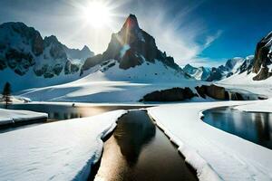 un' nevoso montagna paesaggio con un' fiume e neve coperto rocce. ai-generato foto