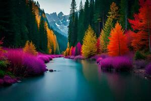 colorato alberi e un' fiume nel il montagne. ai-generato foto