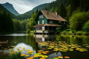 un' Casa si siede su il bordo di un' lago circondato di acqua gigli. ai-generato foto