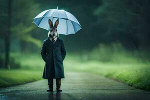 un' coniglio indossare un' cappotto e Tenere un ombrello. ai-generato foto
