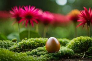 un uovo è seduta su un' verde muschioso terra circondato di rosa fiori. ai-generato foto