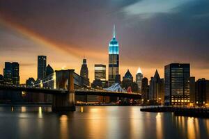 il nuovo York orizzonte a tramonto con un' arcobaleno. ai-generato foto