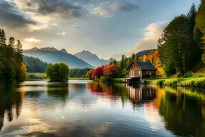 un' lago e cabina nel il montagne con autunno colori. ai-generato foto