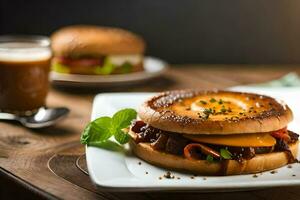 un' Hamburger con formaggio e carne su un' bianca piatto. ai-generato foto