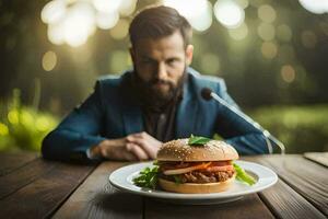 un' uomo nel un' completo da uomo è seduta a un' tavolo con un' Hamburger. ai-generato foto