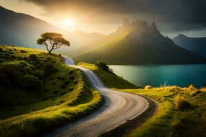 un' strada principale per un' lago e montagne a tramonto. ai-generato foto