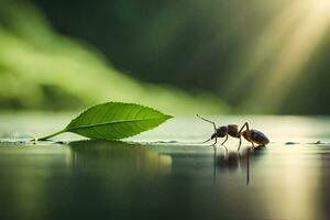 un' piccolo formica è in piedi su il acqua con un' foglia. ai-generato foto