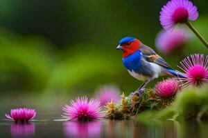 un' colorato uccello è arroccato su un' pianta con rosa fiori. ai-generato foto