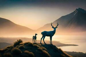Due cervo In piedi su un' montagna prospiciente un' lago. ai-generato foto