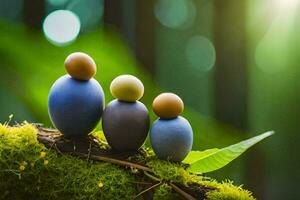 tre colorato uova seduta su un' muschioso ramo. ai-generato foto