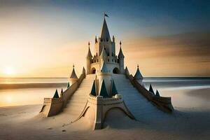 un' castello fatto su di sabbia su il spiaggia. ai-generato foto