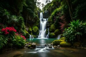 bellissimo cascata nel il giungla con colorato fiori. ai-generato foto