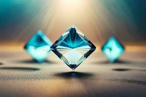 tre blu diamante sagomato pezzi di gioielleria su un' tavolo. ai-generato foto