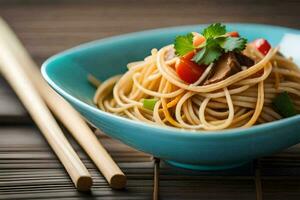 un' ciotola di tagliatelle con verdure e bacchette. ai-generato foto