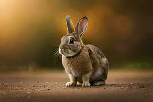 un' coniglio seduta su il terra nel davanti di un' sfocato sfondo. ai-generato foto