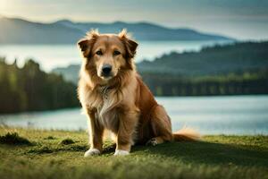 un' d'oro cane da riporto seduta su il erba vicino un' lago. ai-generato foto