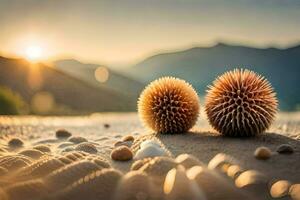 Due spinoso palle seduta su il sabbia. ai-generato foto