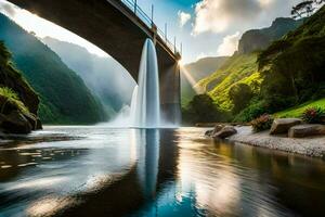 un' cascata è fluente sotto un' ponte. ai-generato foto