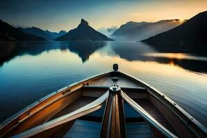 un' barca su il acqua con montagne nel il sfondo. ai-generato foto