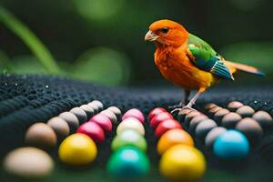 un' colorato uccello si siede su superiore di un' mucchio di colorato uova. ai-generato foto