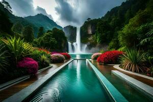 il cascata è circondato di fiori e alberi. ai-generato foto