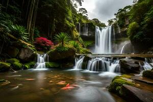 un' cascata nel il mezzo di un' foresta con rocce e acqua. ai-generato foto