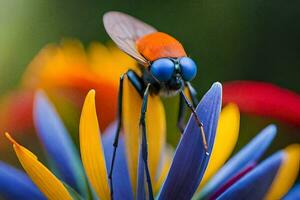 un' volare con blu occhi seduta su un' fiore. ai-generato foto