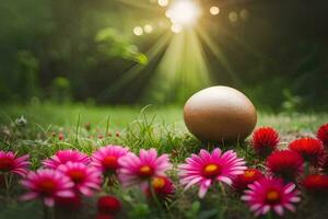 il sole brilla su un' d'oro uovo nel il erba. ai-generato foto