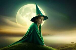 un' donna nel un' verde strega cappello si siede su un' collina. ai-generato foto