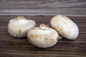 funghi champignon su fondo in legno