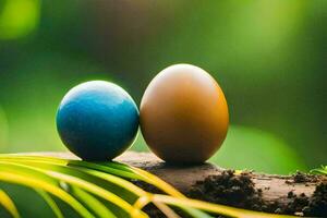 Due blu e uno Marrone Pasqua uova seduta su un' ramo. ai-generato foto