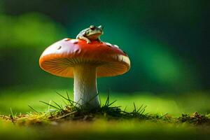 un' rana si siede su superiore di un' rosso fungo. ai-generato foto