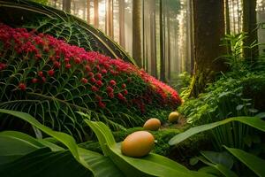 un' foresta con fiori e uova nel il mezzo. ai-generato foto