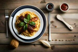 spaghetti con carne e salsa su un' di legno tavolo. ai-generato foto