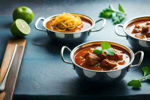 tre ciotole di curry con verdure e lime. ai-generato foto