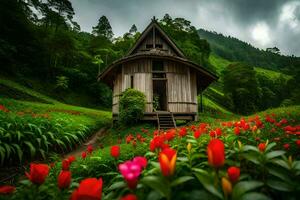 un' piccolo di legno Casa circondato di fiori. ai-generato foto