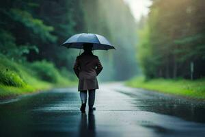 un' persona a piedi giù un' strada con un ombrello. ai-generato foto
