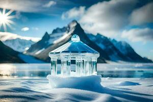 un' piccolo bicchiere Casa si siede su superiore di un' nevoso montagna. ai-generato foto