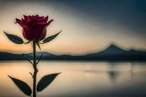un' rosa è in piedi nel davanti di un' lago a tramonto. ai-generato foto