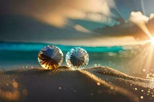 Due diamante anelli su il spiaggia. ai-generato foto