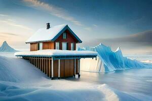 un' Casa si siede su superiore di un iceberg nel il mezzo di il oceano. ai-generato foto