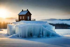un' piccolo Casa si siede su superiore di un ghiaccio coperto lago. ai-generato foto