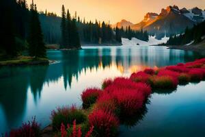 un' bellissimo lago con rosso fiori e montagne. ai-generato foto