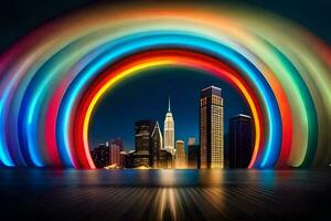 un' arcobaleno nel davanti di un' città orizzonte. ai-generato foto