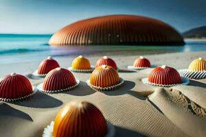 un' gruppo di colorato conchiglie su il spiaggia. ai-generato foto