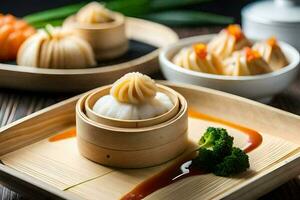 un' bambù vassoio con Ravioli e verdure. ai-generato foto