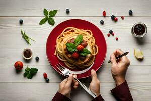 un' di persona mani siamo Tenere un' piatto di spaghetti con pomodori e basilico. ai-generato foto