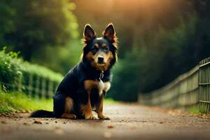 un' cane seduta su il strada nel il sole. ai-generato foto