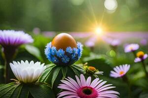 un uovo è seduta su un' fiore nel il sole. ai-generato foto